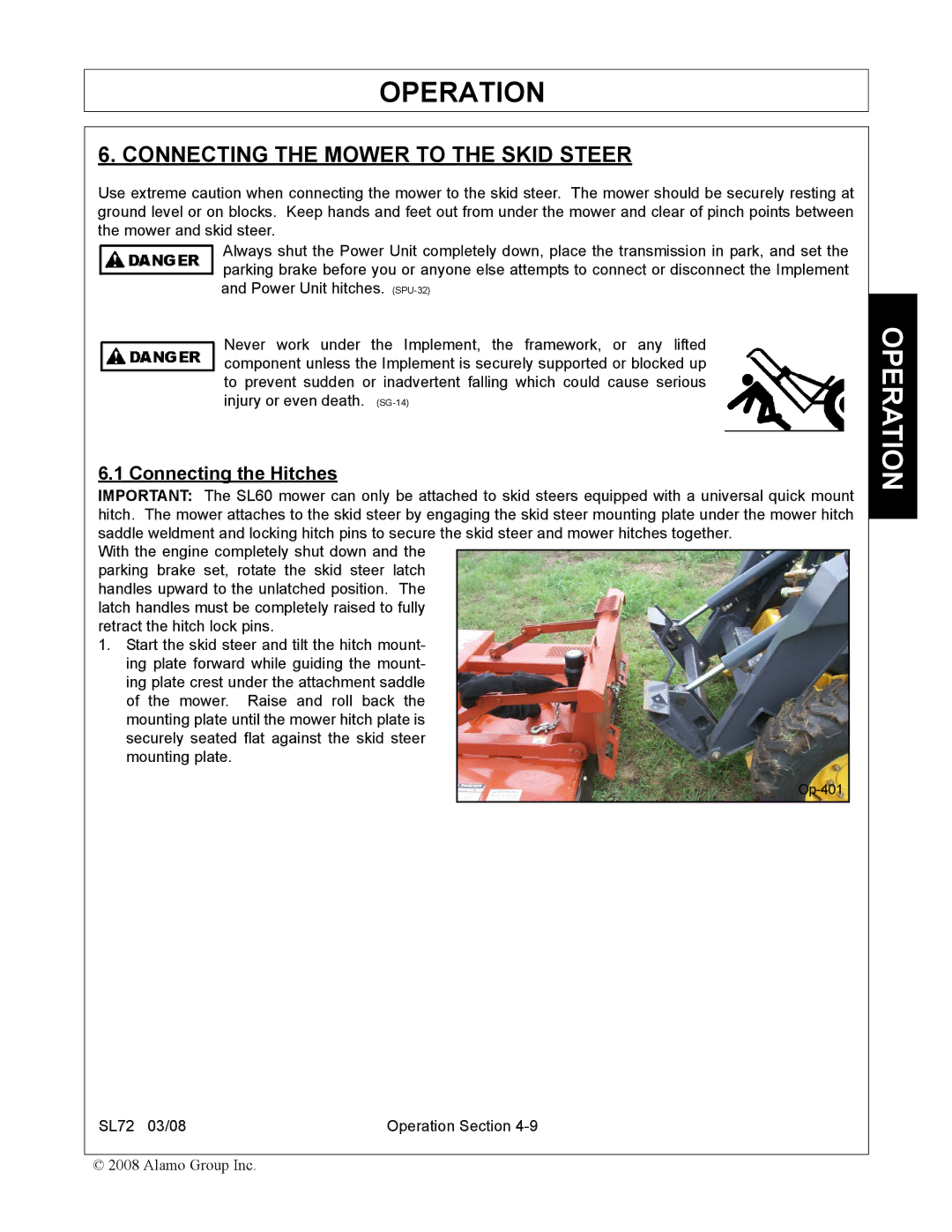 Alamo SL72 manual Connecting the Mower to the Skid Steer, Connecting the Hitches 