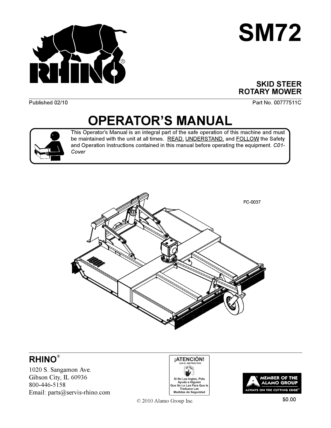 Alamo SM72 manual Skid Steer Rotary Mower 