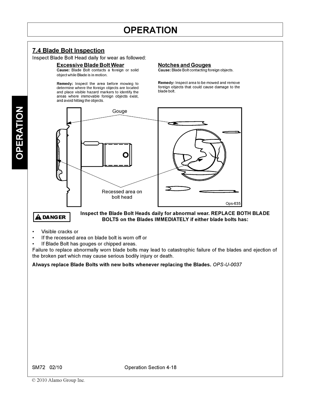 Alamo SM72 manual Blade Bolt Inspection 