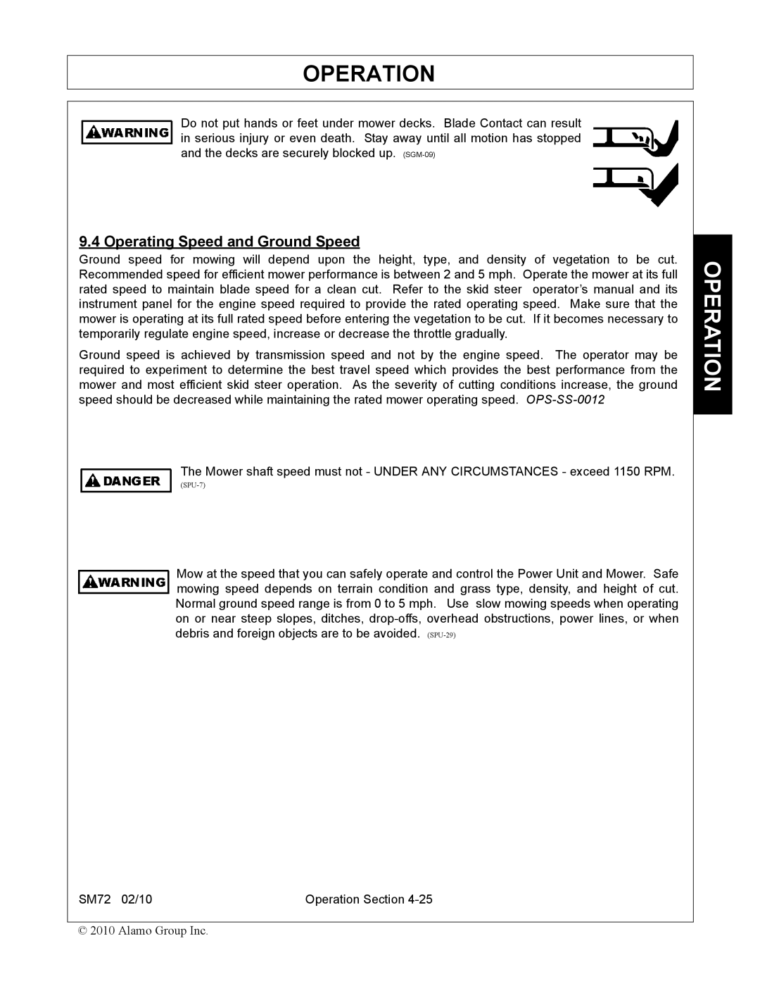 Alamo SM72 manual Operating Speed and Ground Speed 