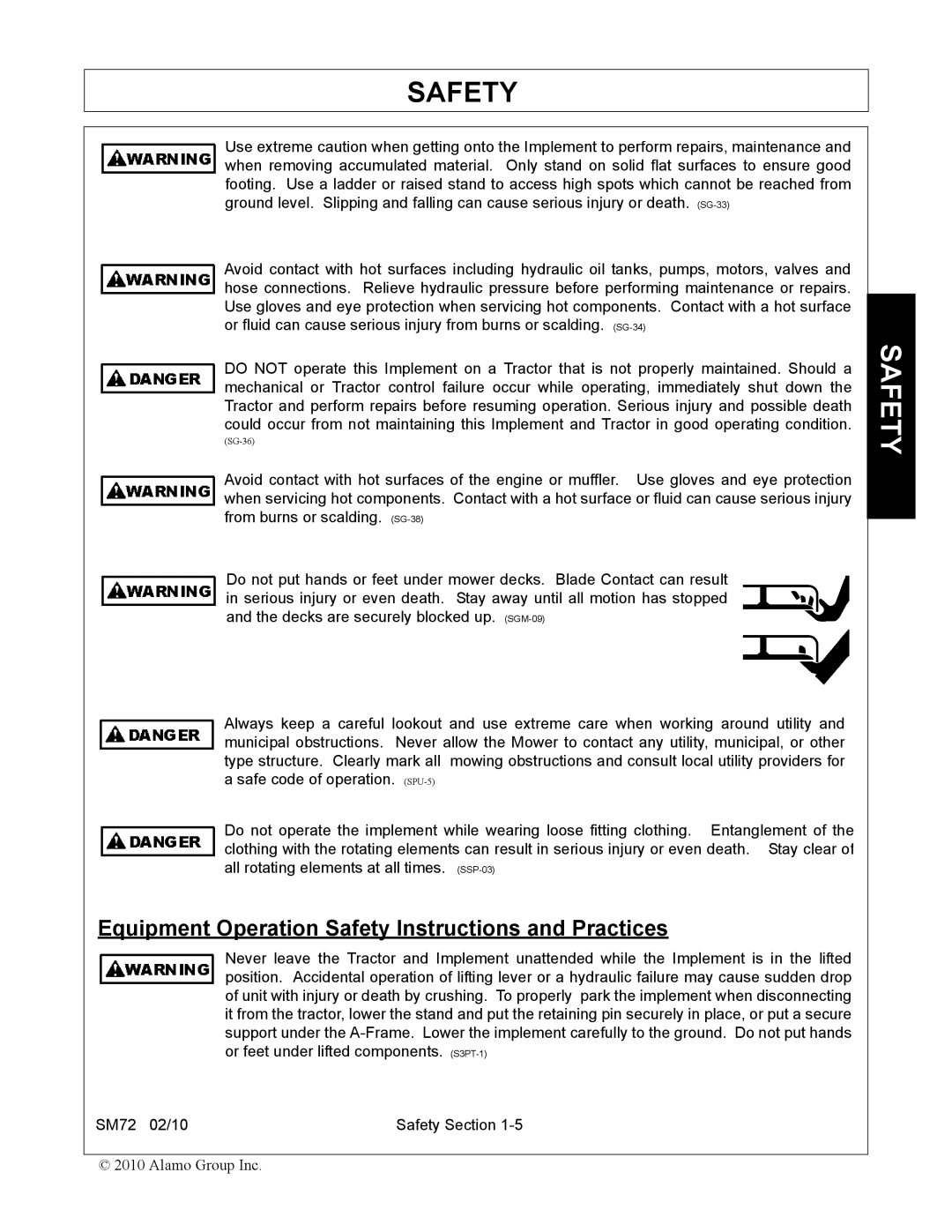 Alamo SM72 manual Equipment Operation Safety Instructions and Practices 