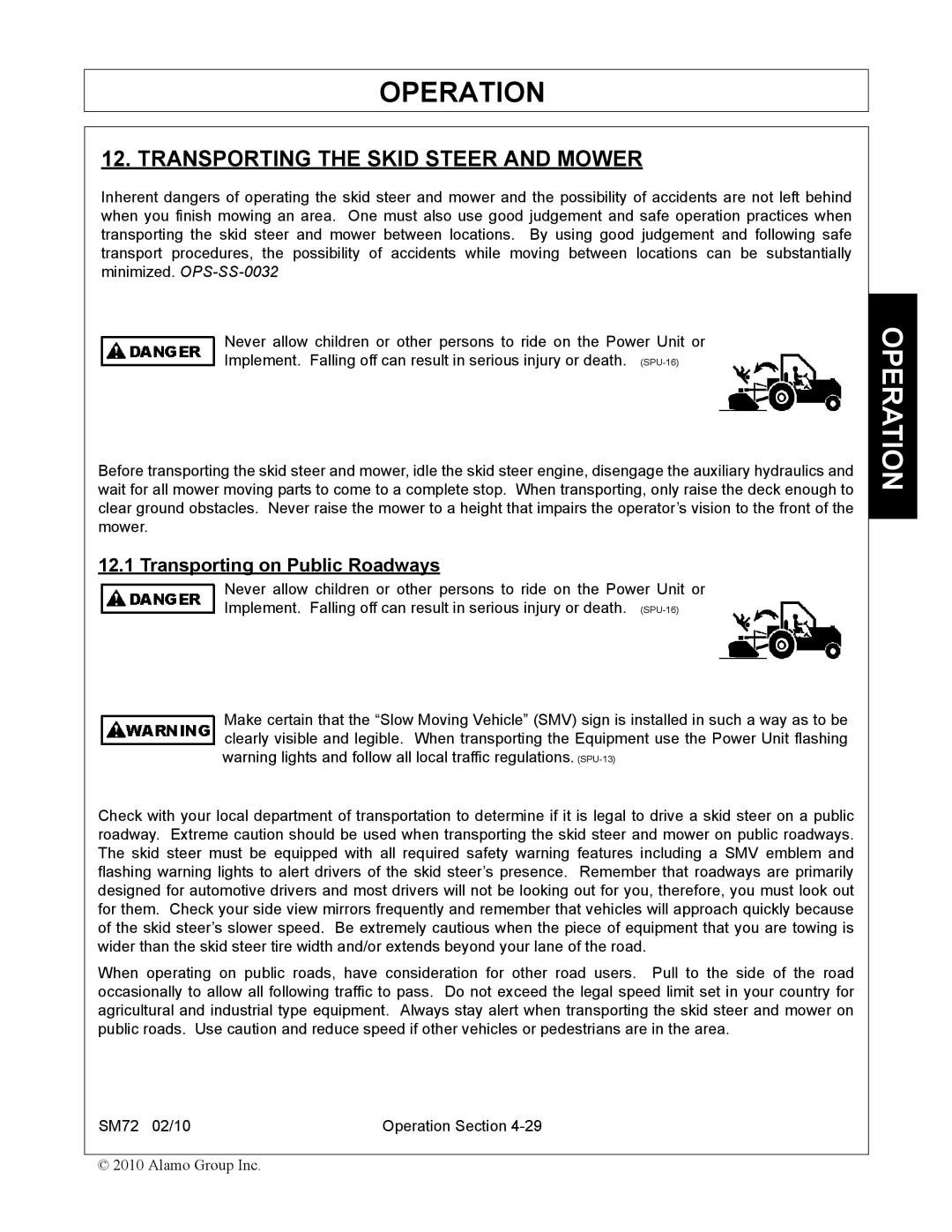 Alamo SM72 manual Transporting the Skid Steer and Mower, Transporting on Public Roadways 