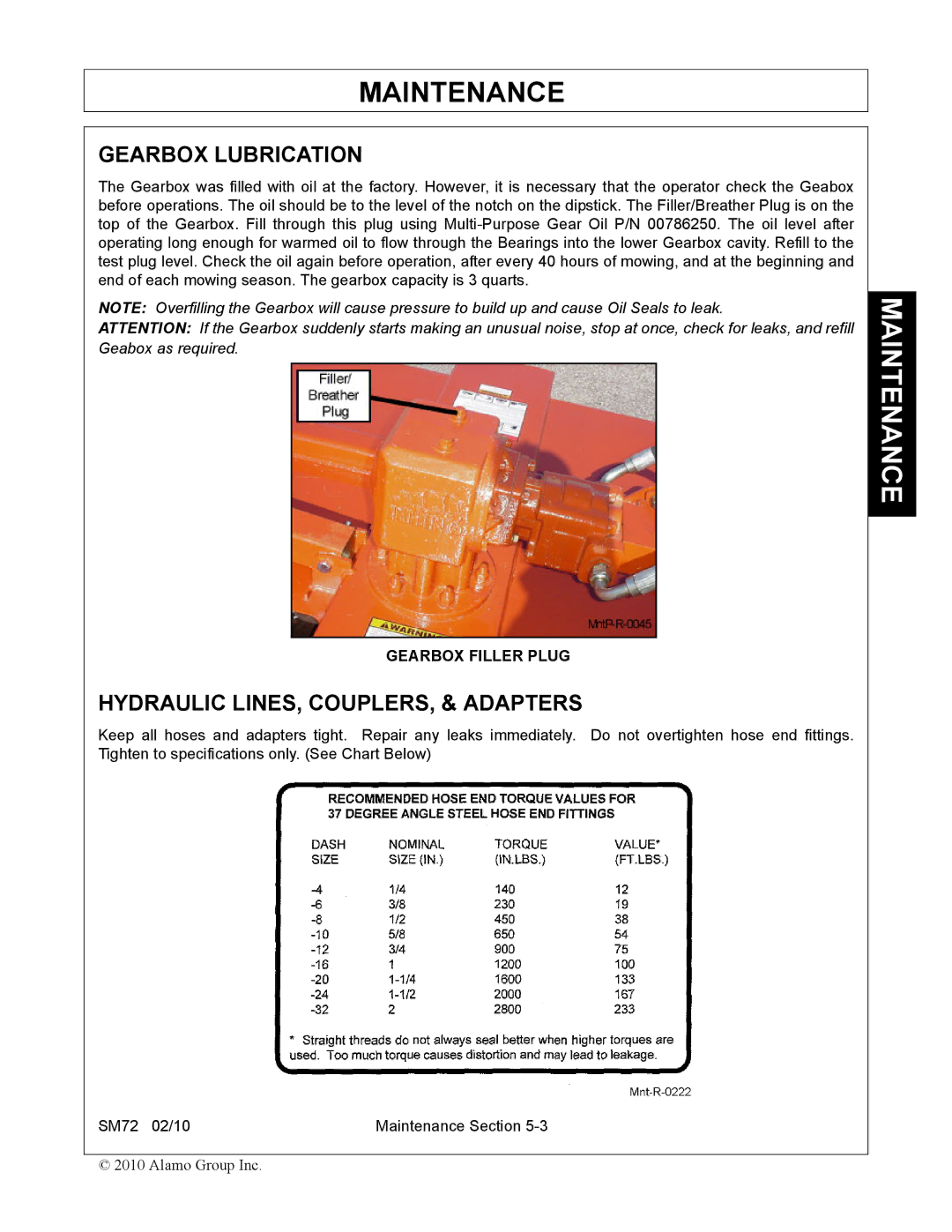 Alamo SM72 manual Gearbox Lubrication, Hydraulic LINES, COUPLERS, & Adapters 