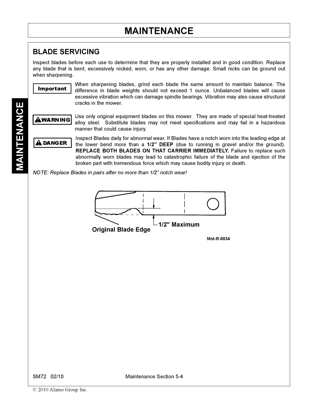 Alamo SM72 manual Blade Servicing 