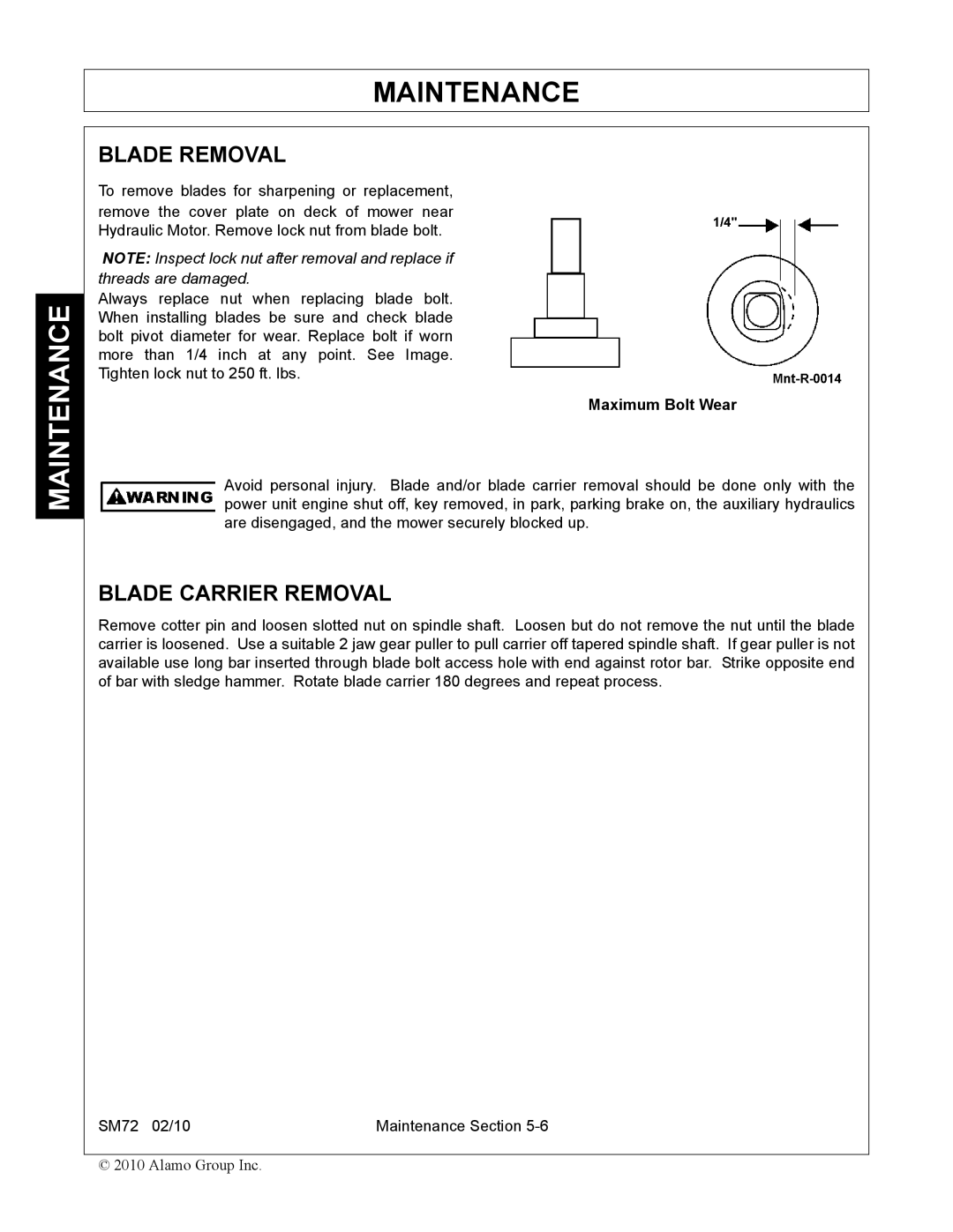 Alamo SM72 manual Blade Removal, Blade Carrier Removal 