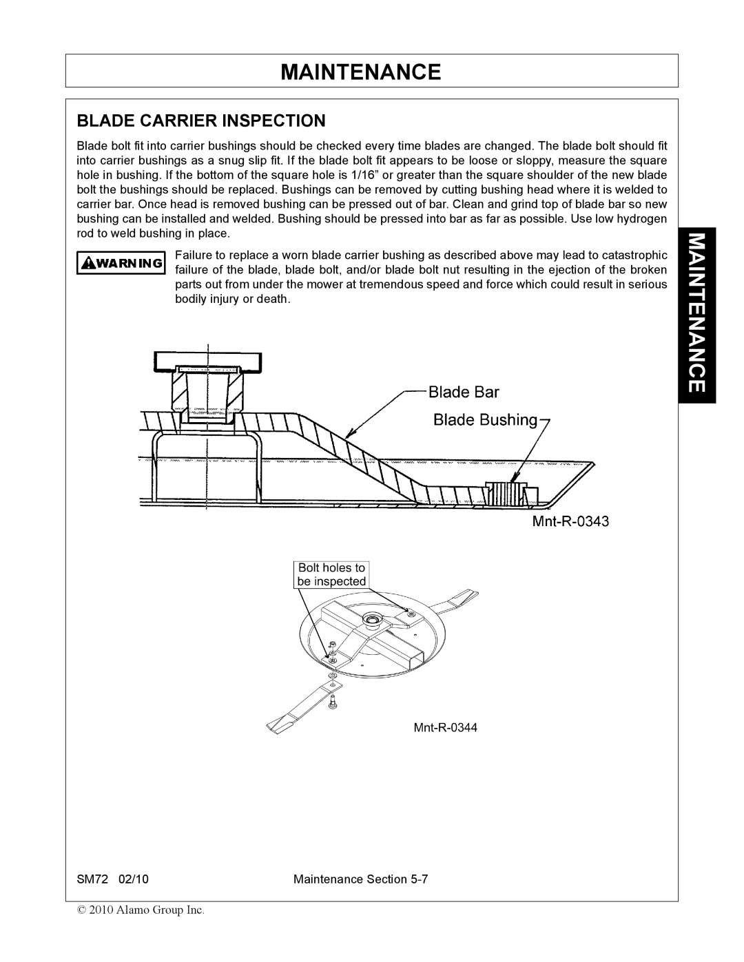 Alamo SM72 manual Blade Carrier Inspection 