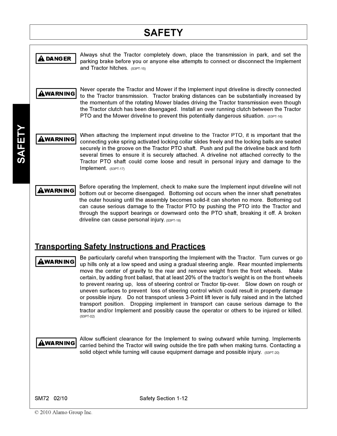 Alamo SM72 manual Transporting Safety Instructions and Practices 