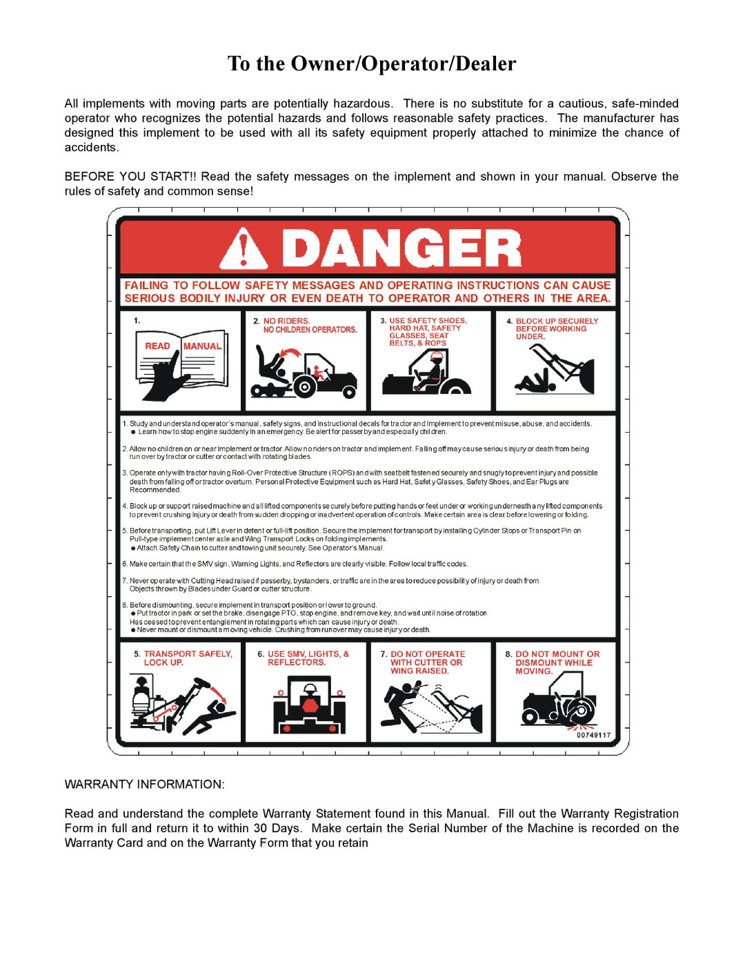 Alamo SM72 manual To the Owner/Operator/Dealer 