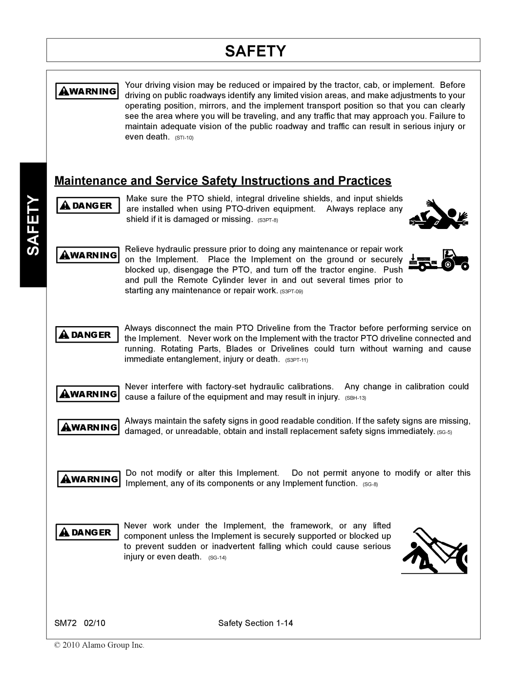 Alamo SM72 manual Maintenance and Service Safety Instructions and Practices 