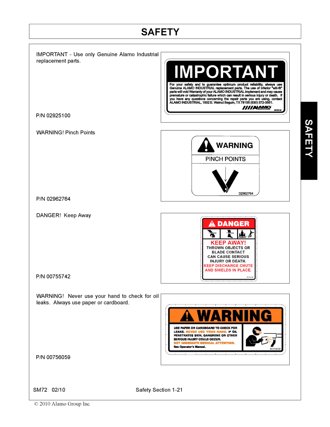 Alamo SM72 manual Safety 