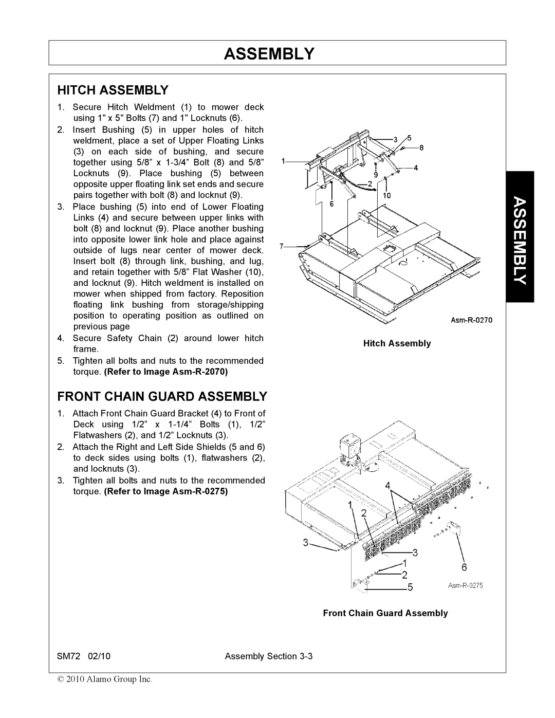 Alamo SM72 manual Hitch Assembly, Front Chain Guard Assembly 