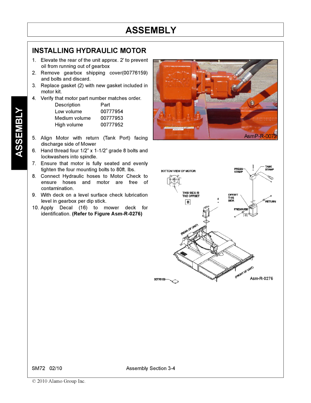 Alamo SM72 manual Installing Hydraulic Motor 