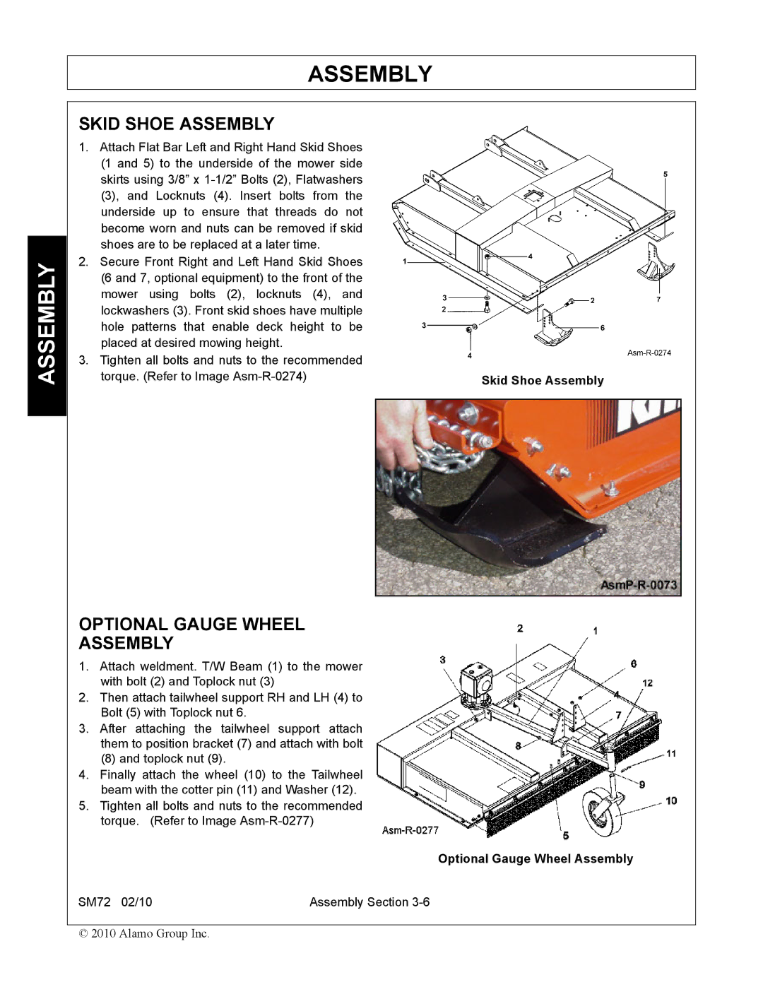 Alamo SM72 manual Skid Shoe Assembly, Optional Gauge Wheel Assembly 