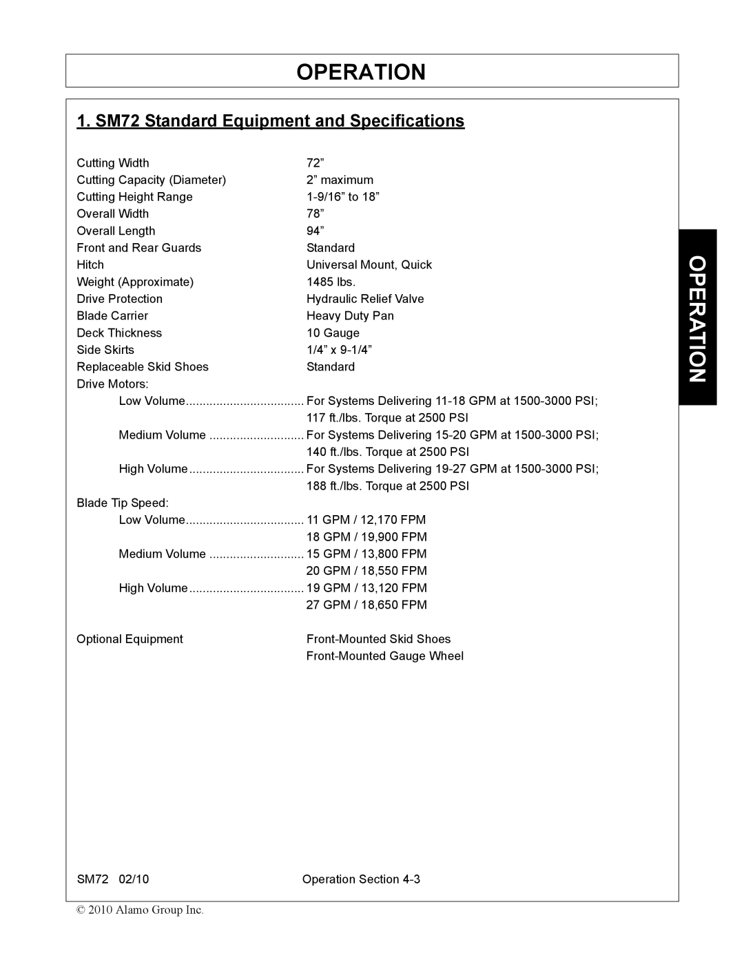 Alamo SM72 manual Operation 