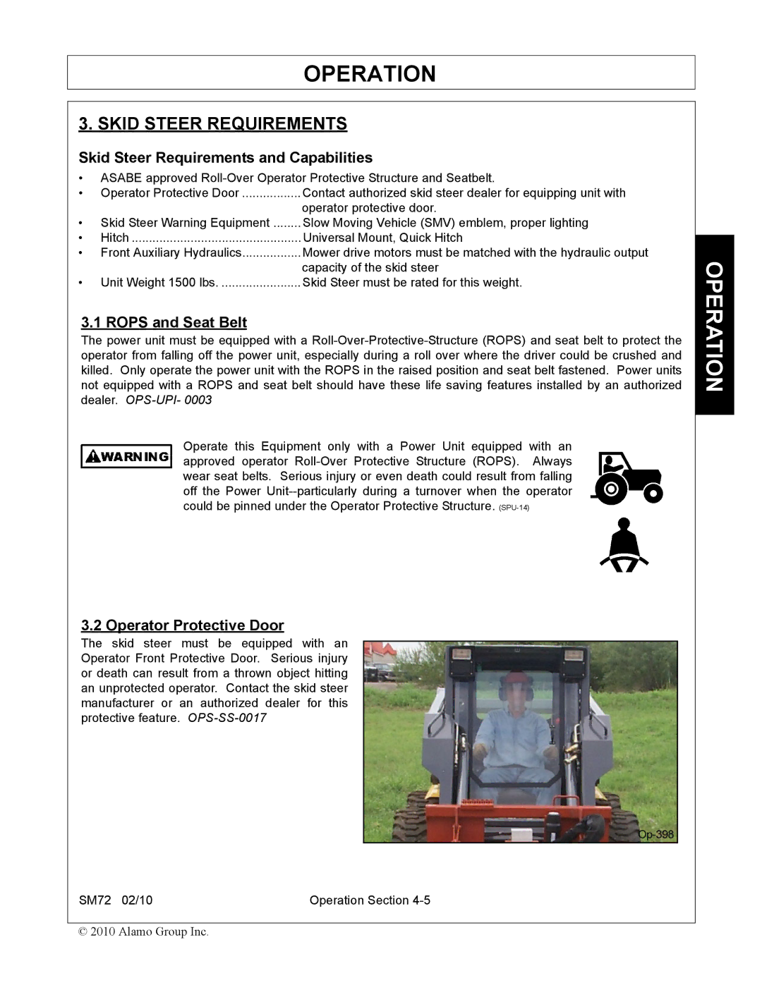 Alamo SM72 manual Skid Steer Requirements and Capabilities, Rops and Seat Belt, Operator Protective Door 