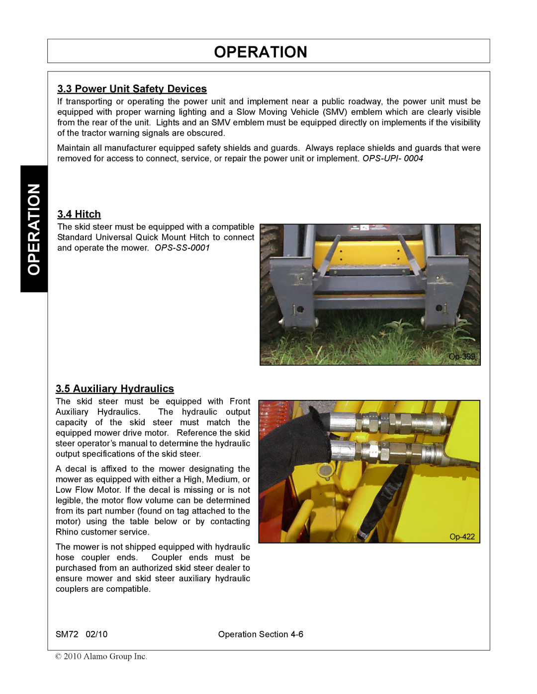 Alamo SM72 manual Power Unit Safety Devices, Hitch, Auxiliary Hydraulics 