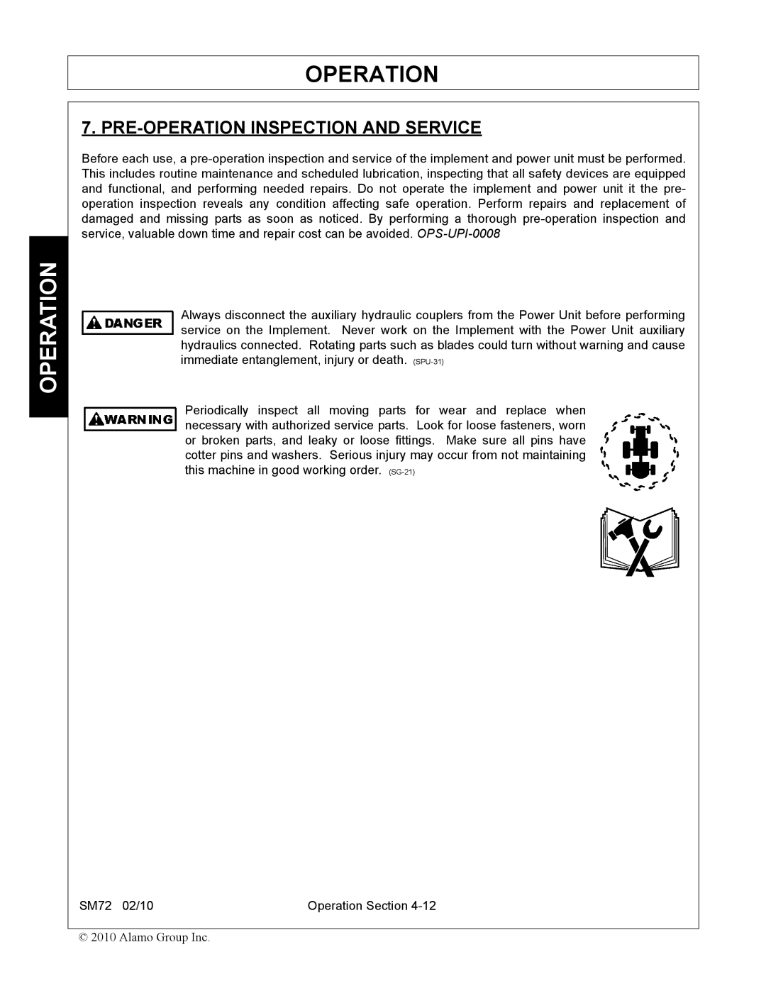 Alamo SM72 manual PRE-OPERATION Inspection and Service 