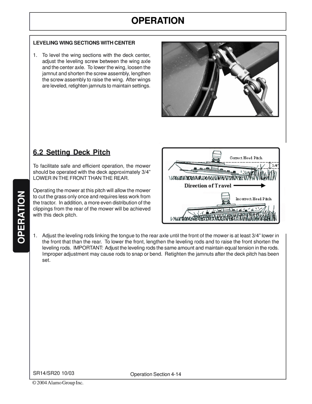 Alamo SR20, SR14 manual Setting Deck Pitch, Leveling Wing Sections with Center 