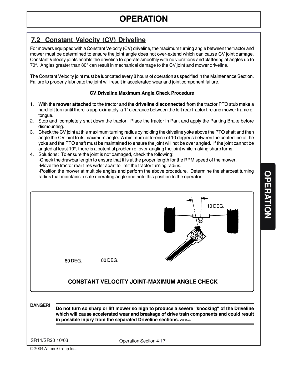 Alamo SR14, SR20 manual Constant Velocity CV Driveline, CV Driveline Maximum Angle Check Procedure 