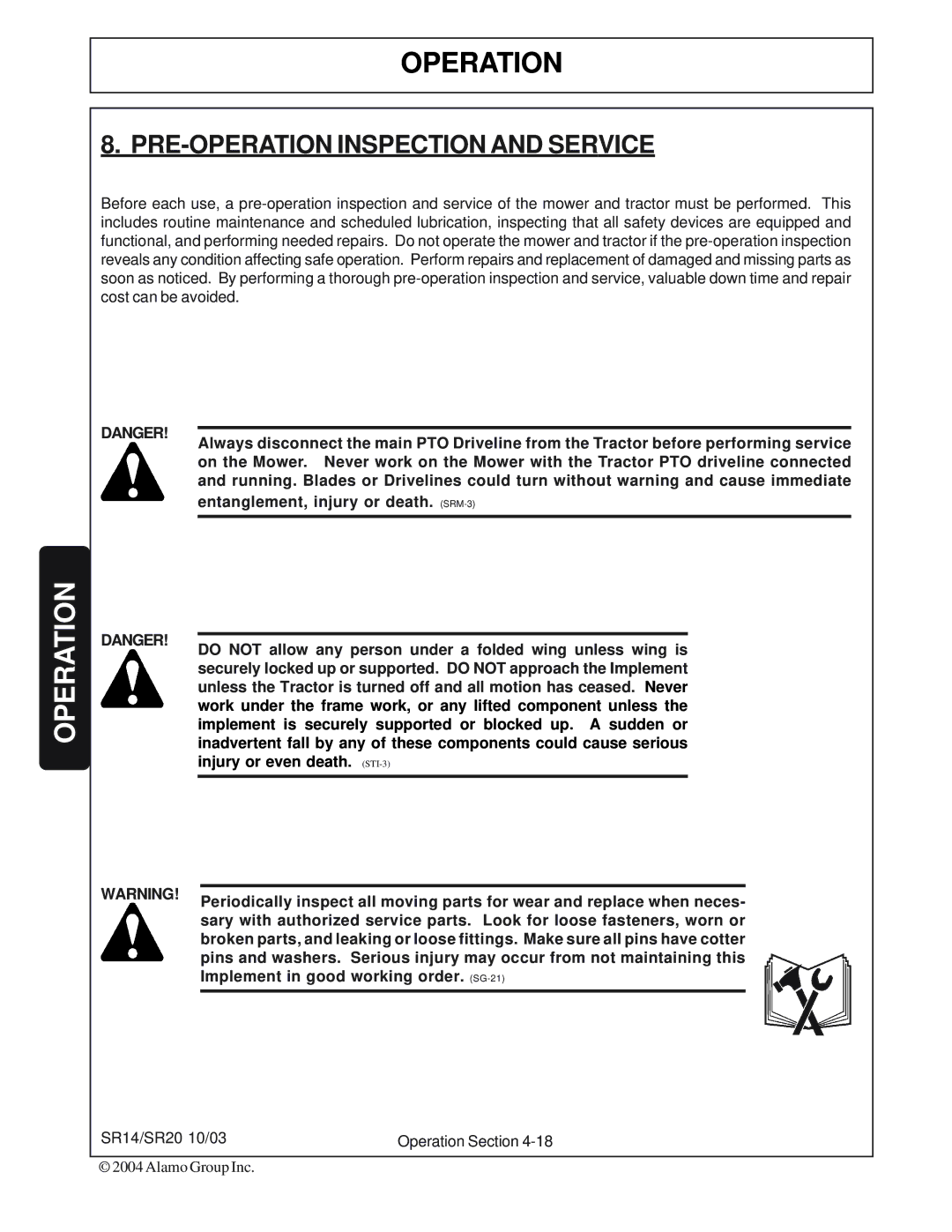 Alamo SR20, SR14 manual PRE-OPERATION Inspection and Service 