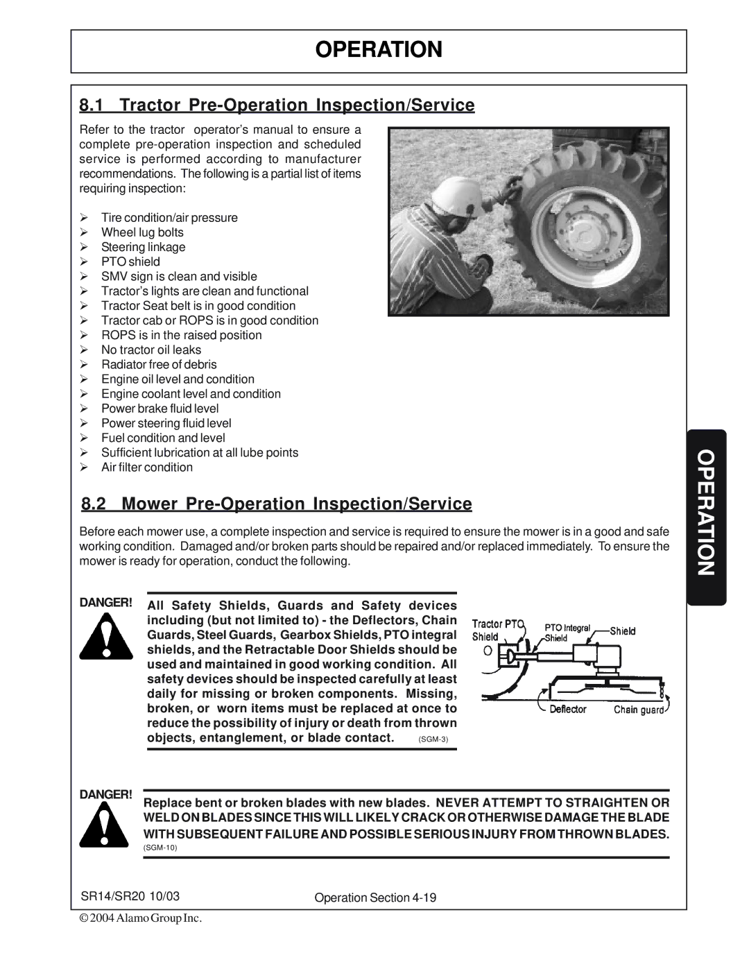 Alamo SR14, SR20 manual Tractor Pre-Operation Inspection/Service, Mower Pre-Operation Inspection/Service 