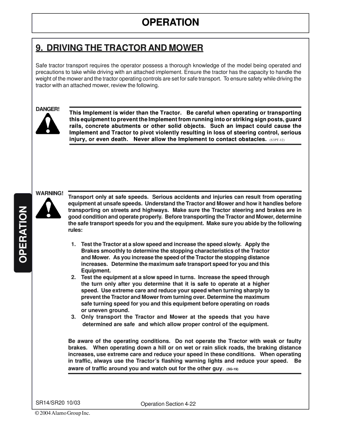 Alamo SR20, SR14 manual Driving the Tractor and Mower 