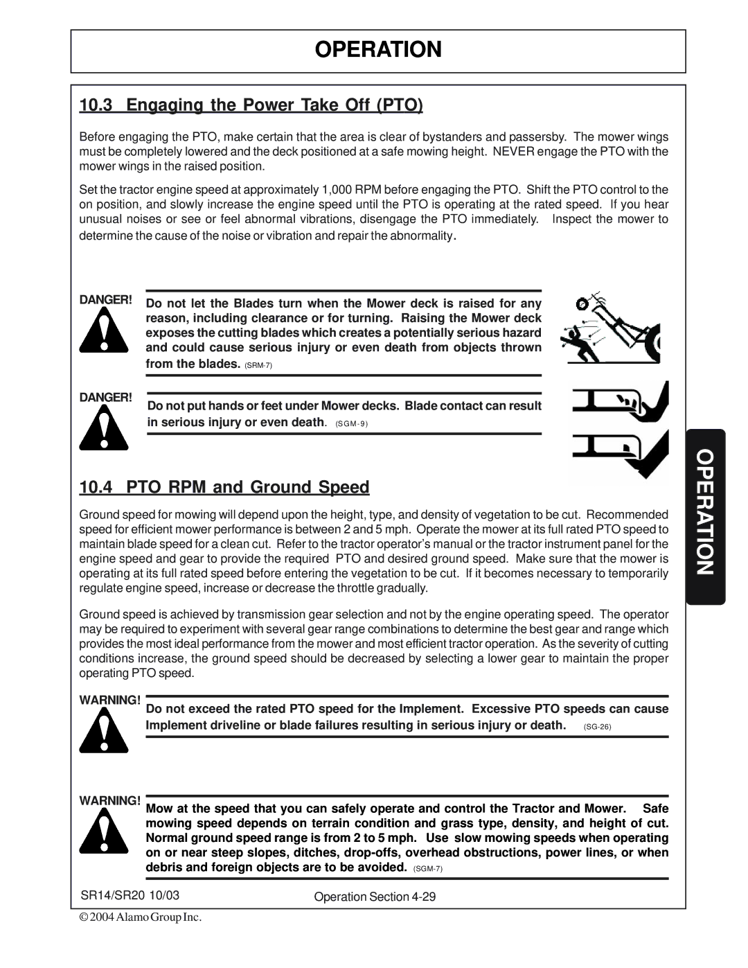 Alamo SR14, SR20 manual Engaging the Power Take Off PTO, PTO RPM and Ground Speed 