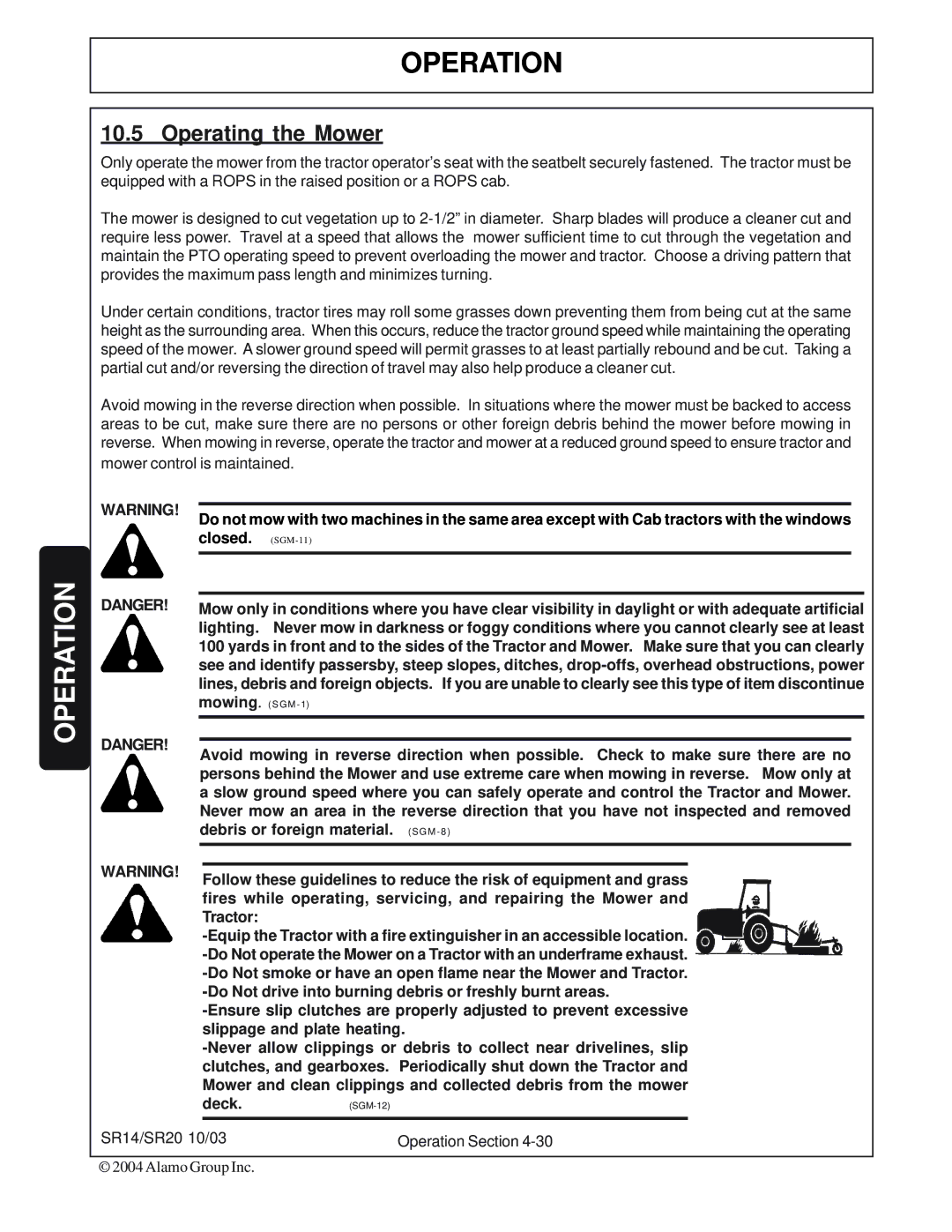 Alamo SR20, SR14 manual Operating the Mower 