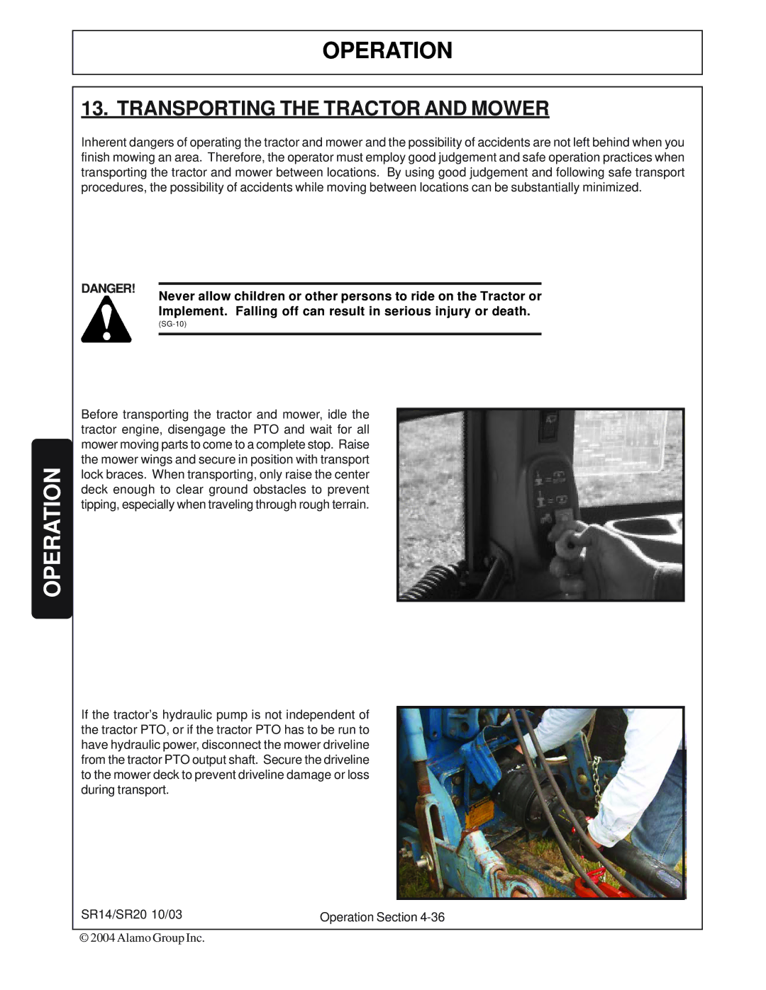 Alamo SR20, SR14 manual Transporting the Tractor and Mower 