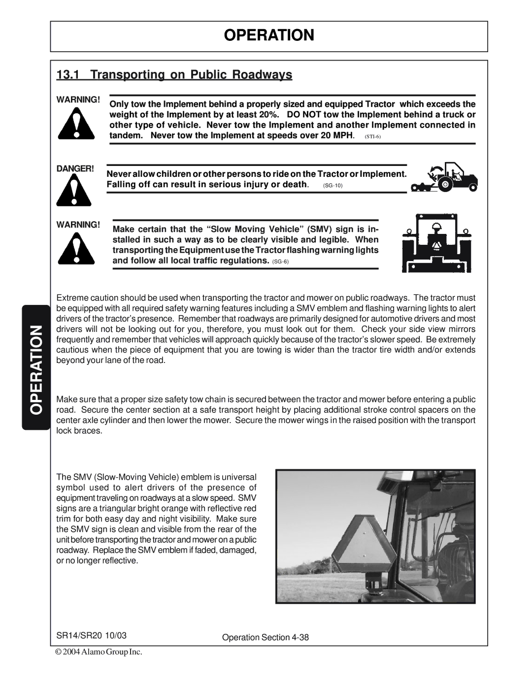 Alamo SR20, SR14 manual Transporting on Public Roadways 