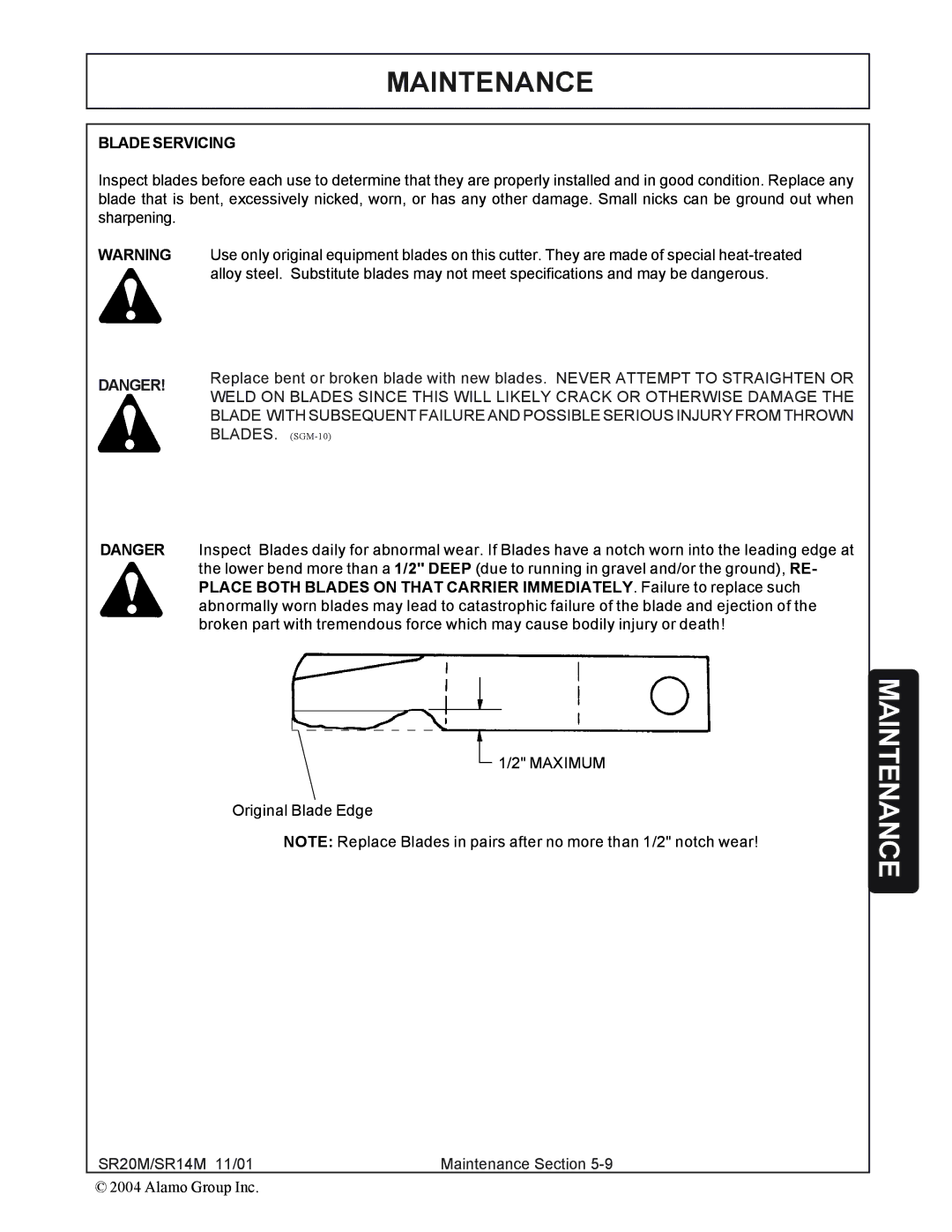 Alamo SR14, SR20 manual Blade Servicing 