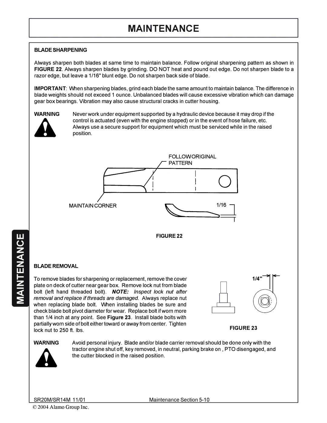 Alamo SR20, SR14 manual Blade Sharpening, Blade Removal 