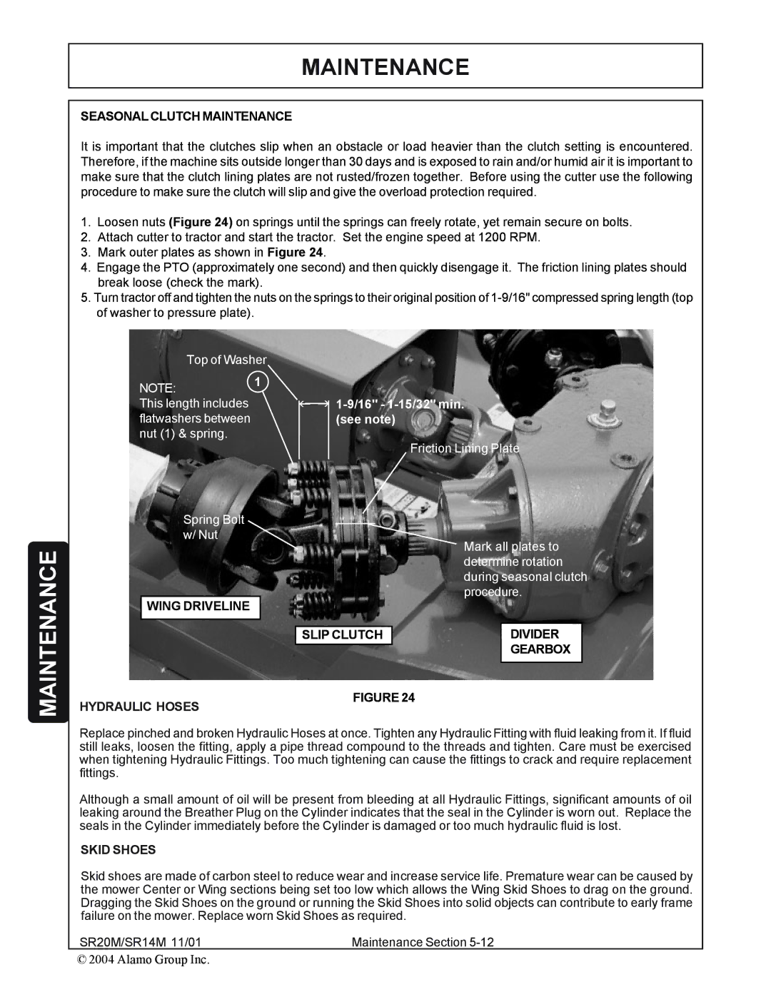 Alamo SR20, SR14 manual Seasonal Clutch Maintenance, Hydraulic Hoses, Skid Shoes 