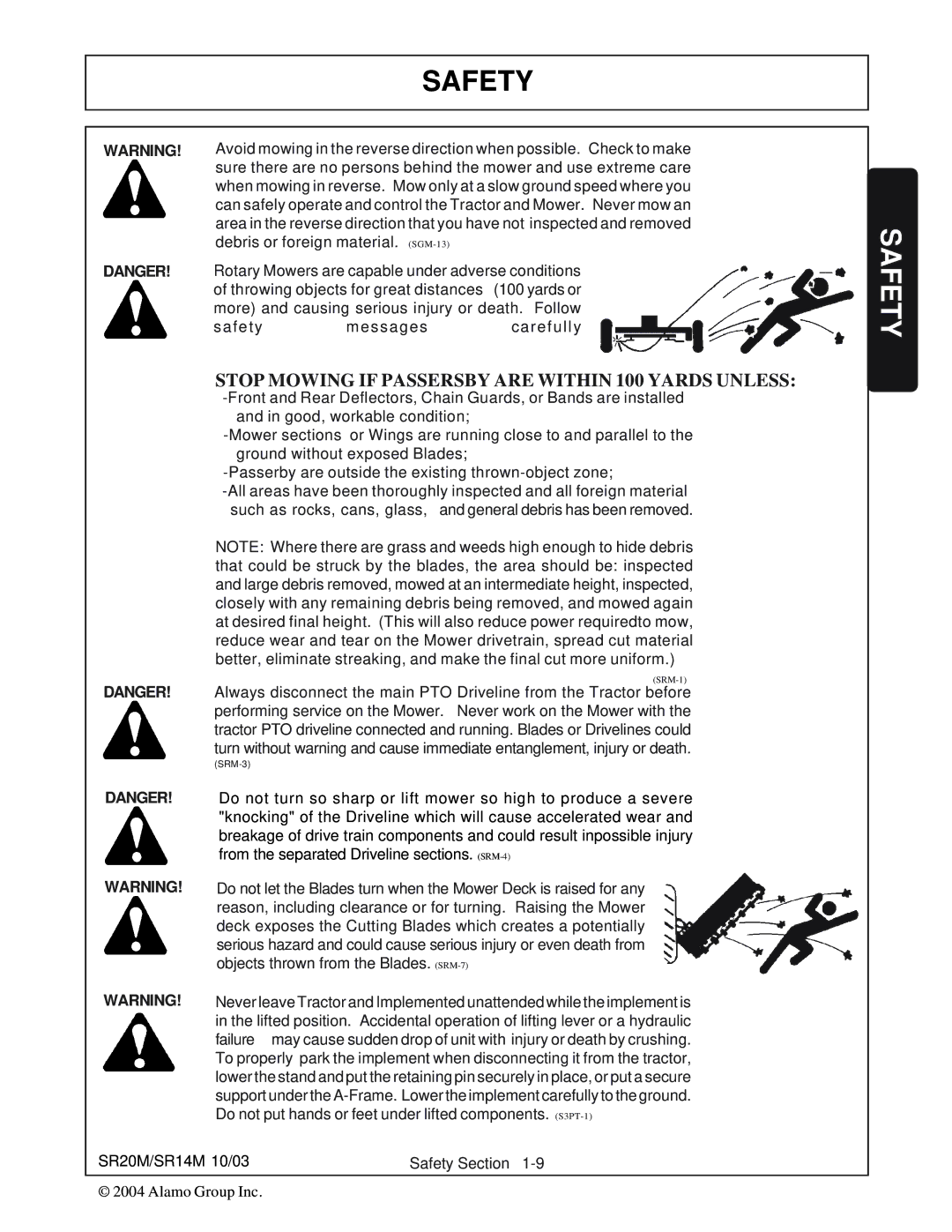 Alamo SR14, SR20 manual Stop Mowing if Passersby are Within 100 Yards Unless 