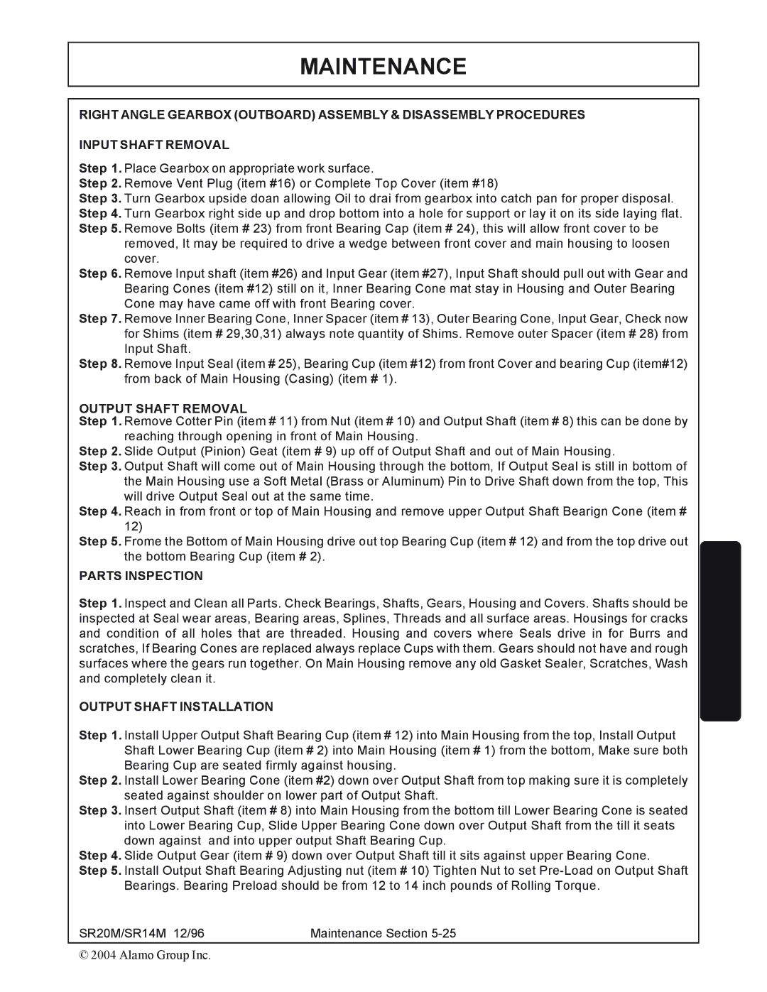 Alamo SR14, SR20 manual Output Shaft Removal, Parts Inspection, Output Shaft Installation 