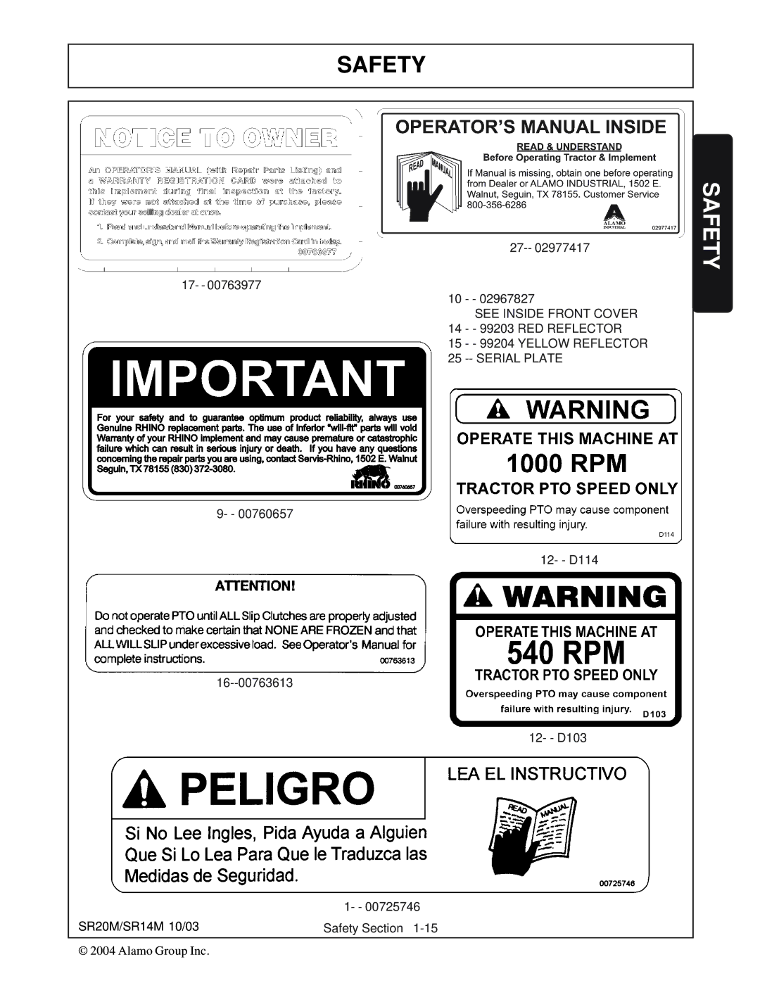 Alamo manual D114 16--00763613 D103 SR20M/SR14M 10/03 Safety Section 