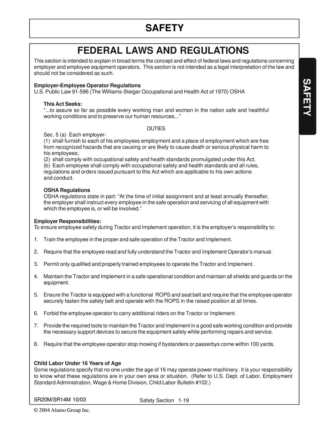 Alamo SR14, SR20 manual Safety Federal Laws and Regulations 