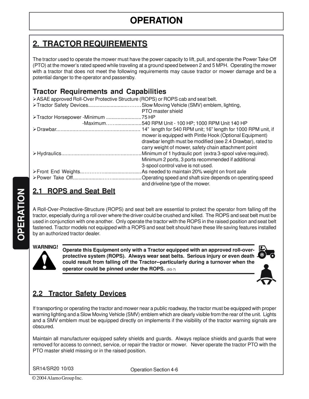 Alamo SR20, SR14 manual Tractor Requirements and Capabilities, Rops and Seat Belt, Tractor Safety Devices 