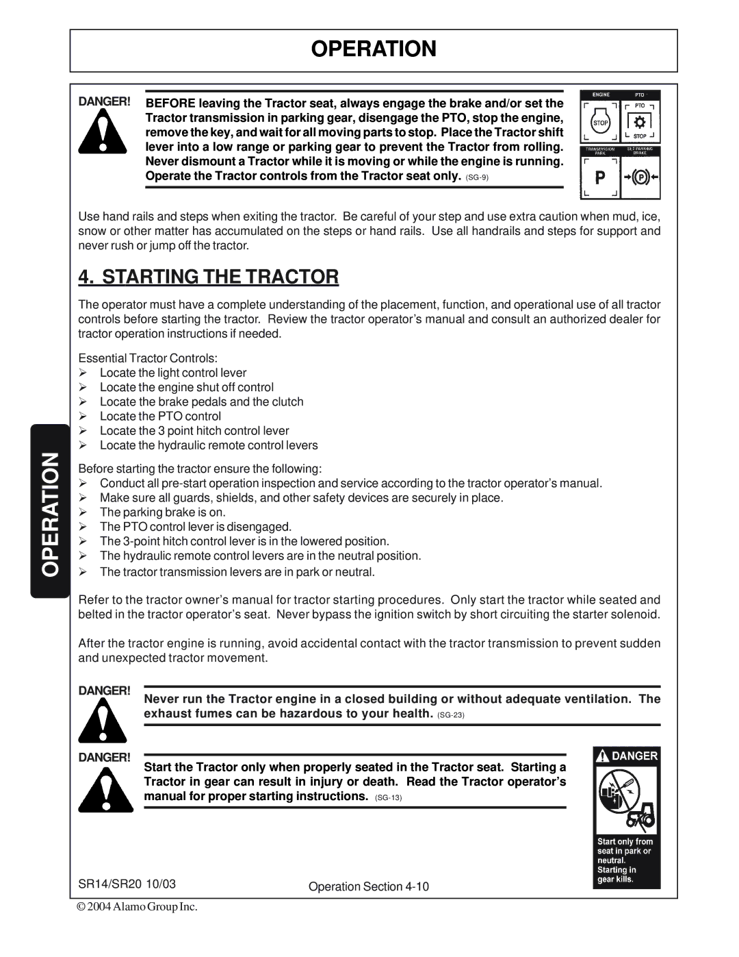 Alamo SR20, SR14 manual Starting the Tractor 