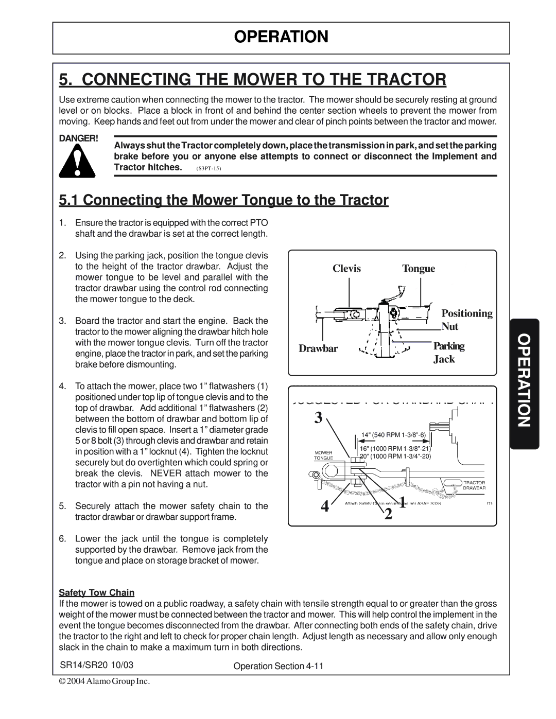 Alamo SR14, SR20 manual Operation Connecting the Mower to the Tractor 