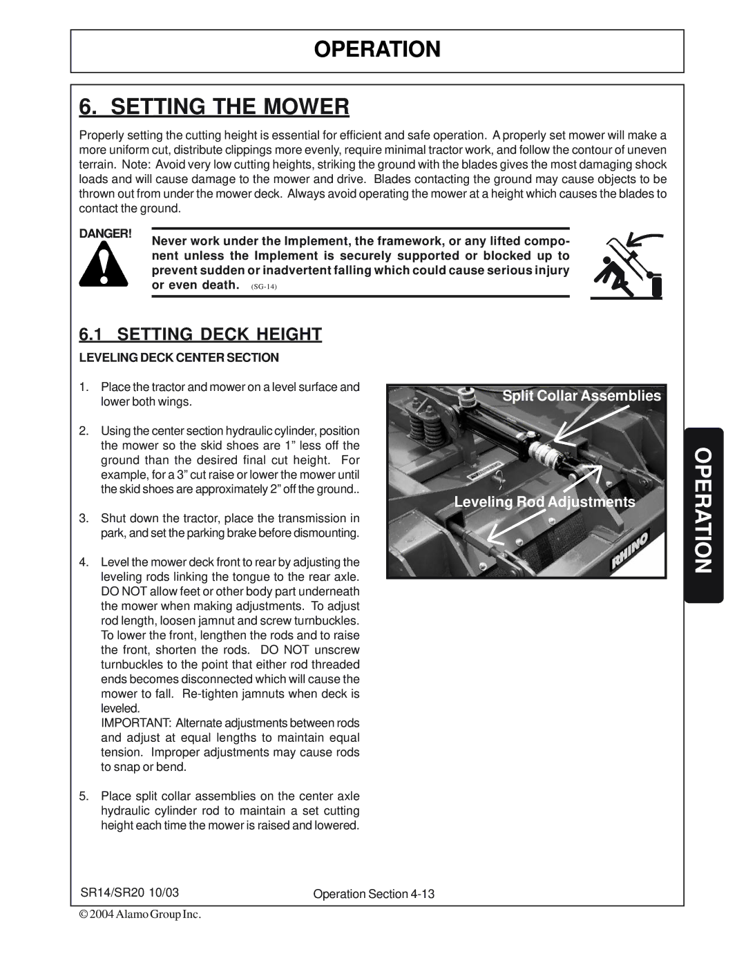 Alamo SR14, SR20 manual Operation Setting the Mower, Leveling Deck Center Section 