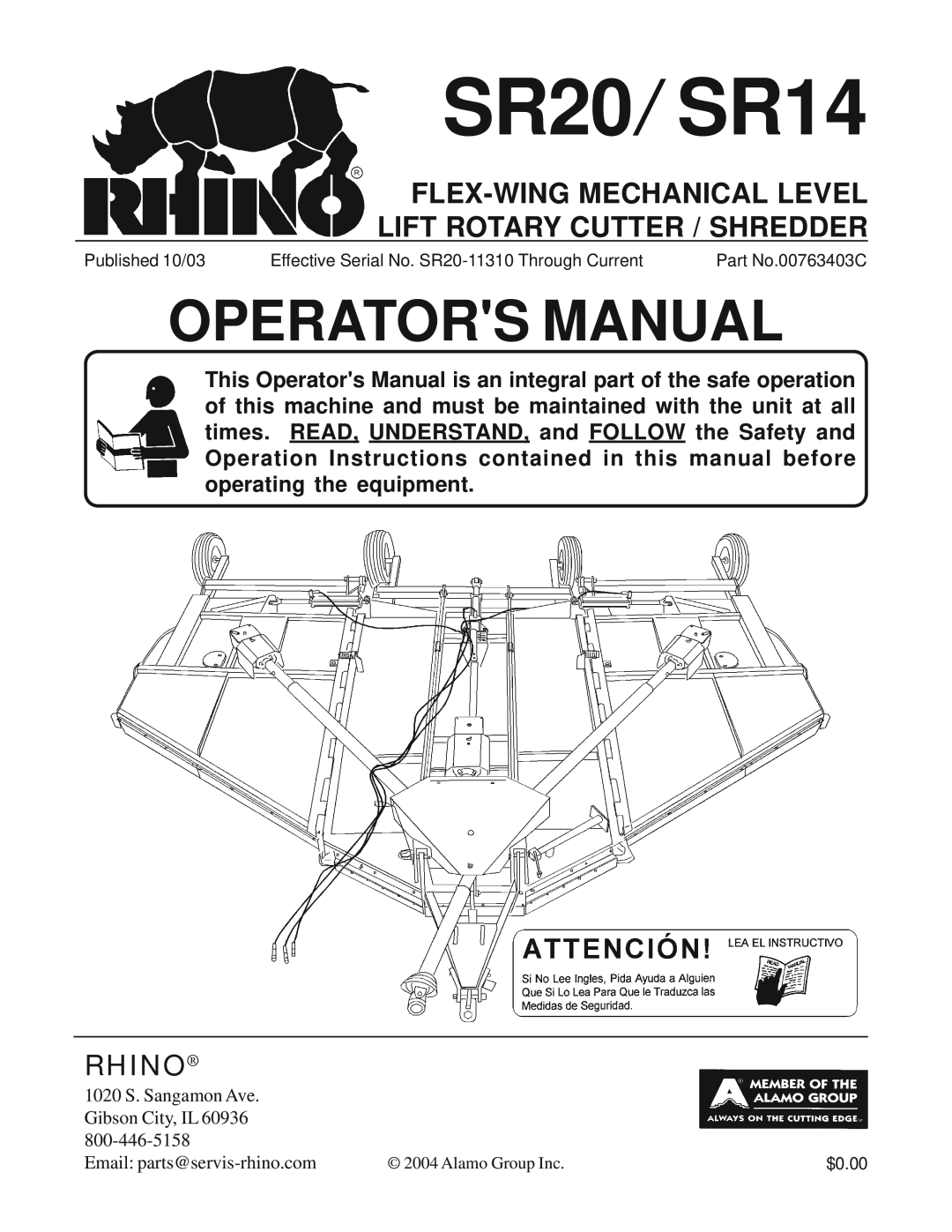 Alamo manual Operators Manual, Flex-Wing Mechanical Level Lift Rotary Cutter / Shredder, Rhino, SR20/ SR14 