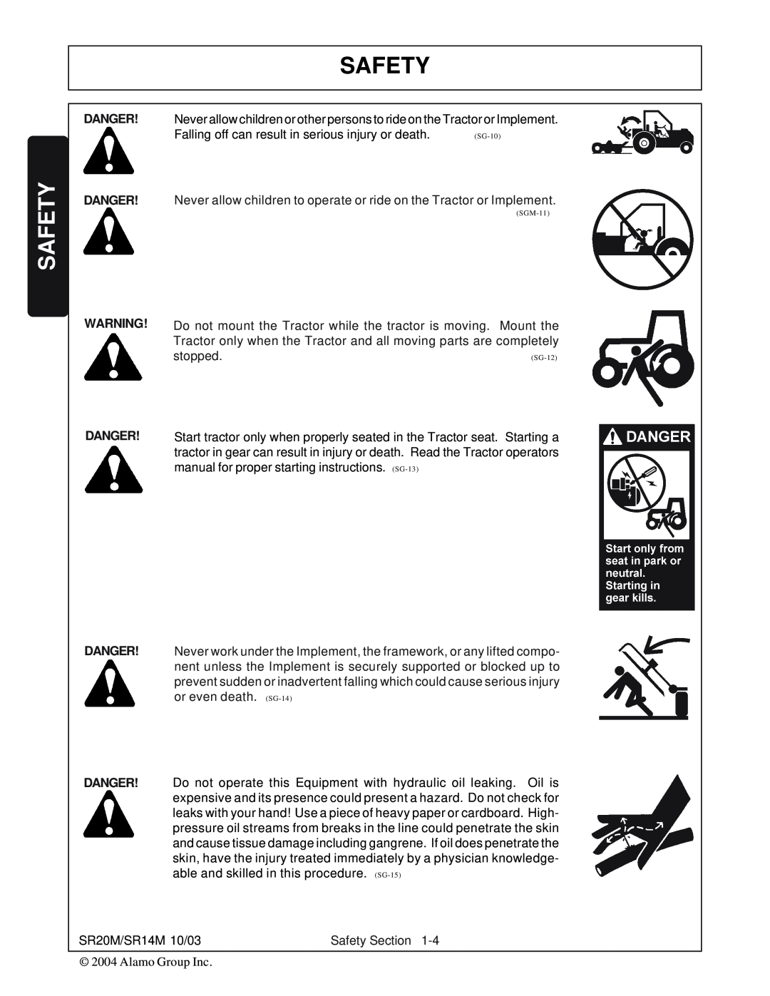Alamo SR20, SR14 manual Safety, Danger Danger Danger, SG-10, SGM-11 
