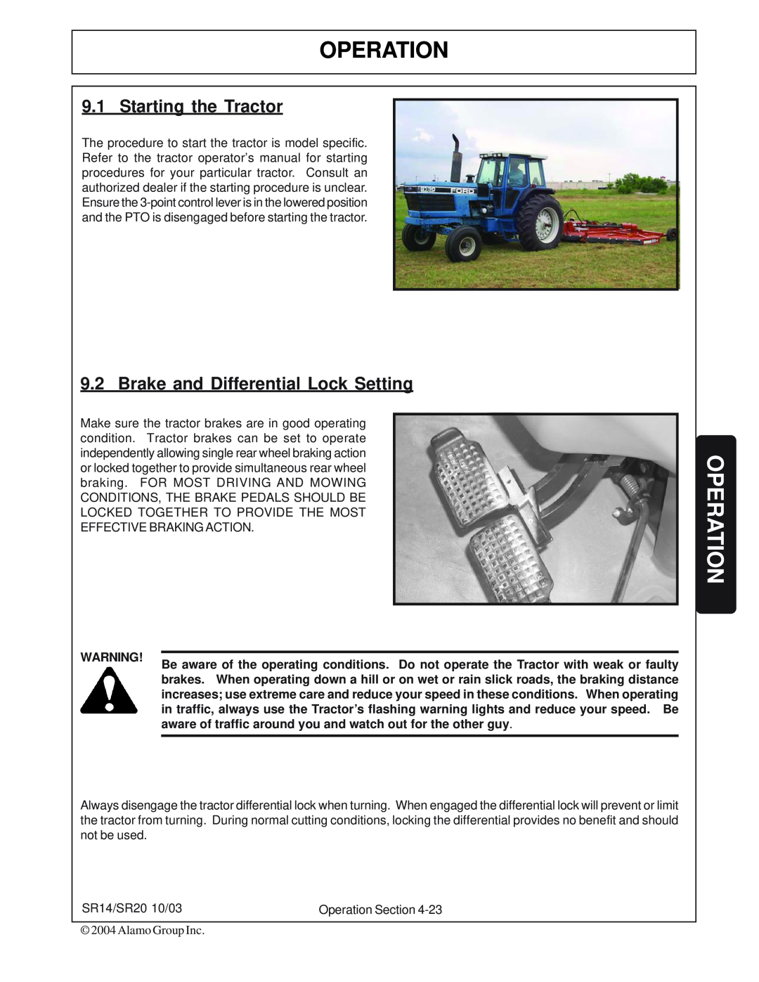 Alamo SR14, SR20 manual Operation, Starting the Tractor, Brake and Differential Lock Setting 