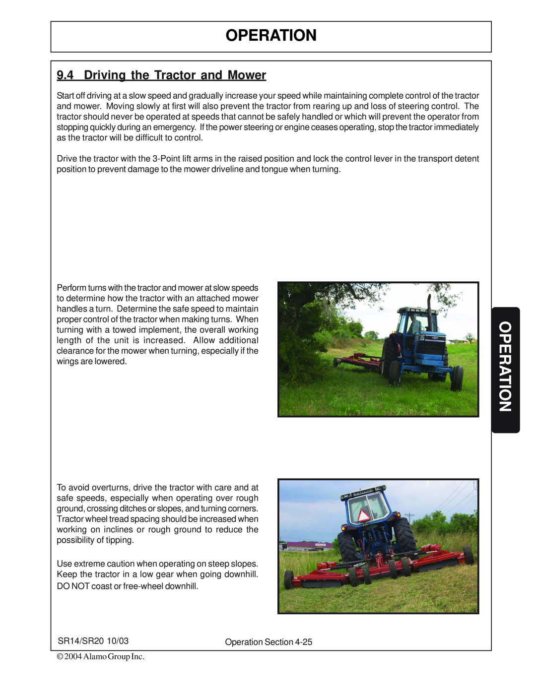 Alamo SR14, SR20 manual Operation, Driving the Tractor and Mower 