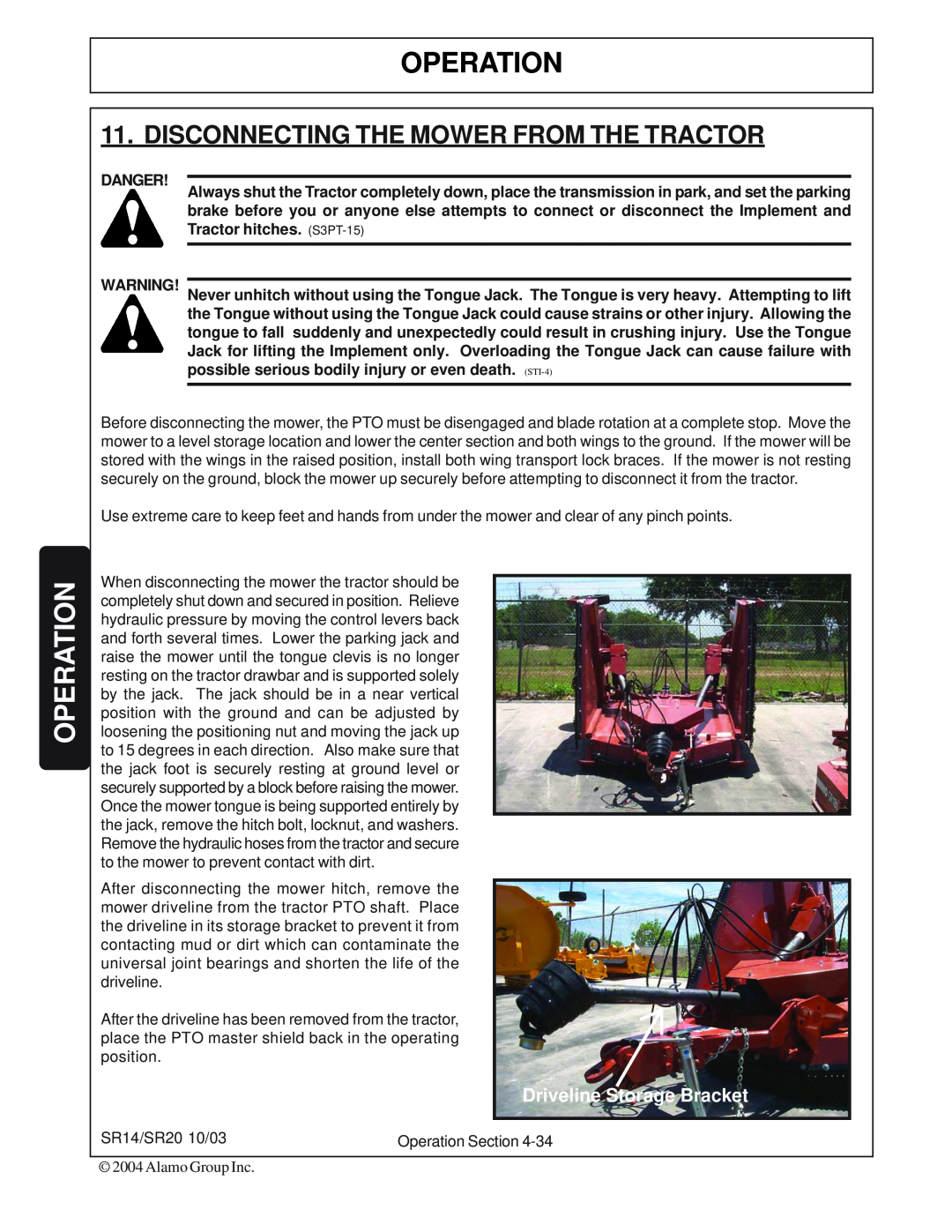 Alamo SR20, SR14 manual Disconnecting The Mower From The Tractor, Operation, Driveline Storage Bracket, Danger 