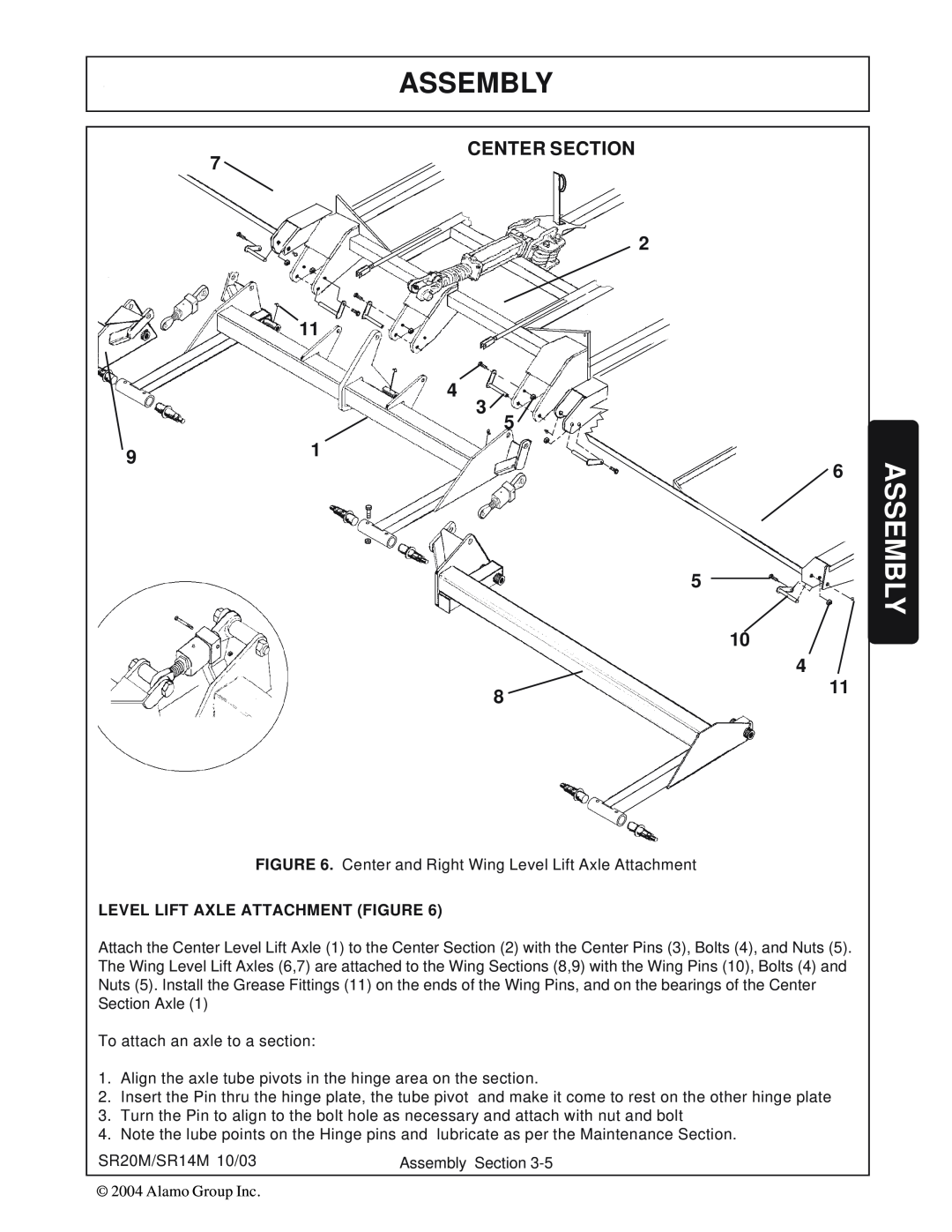 Alamo SR14, SR20 manual Assembly, Center Section, Level Lift Axle Attachment Figure 