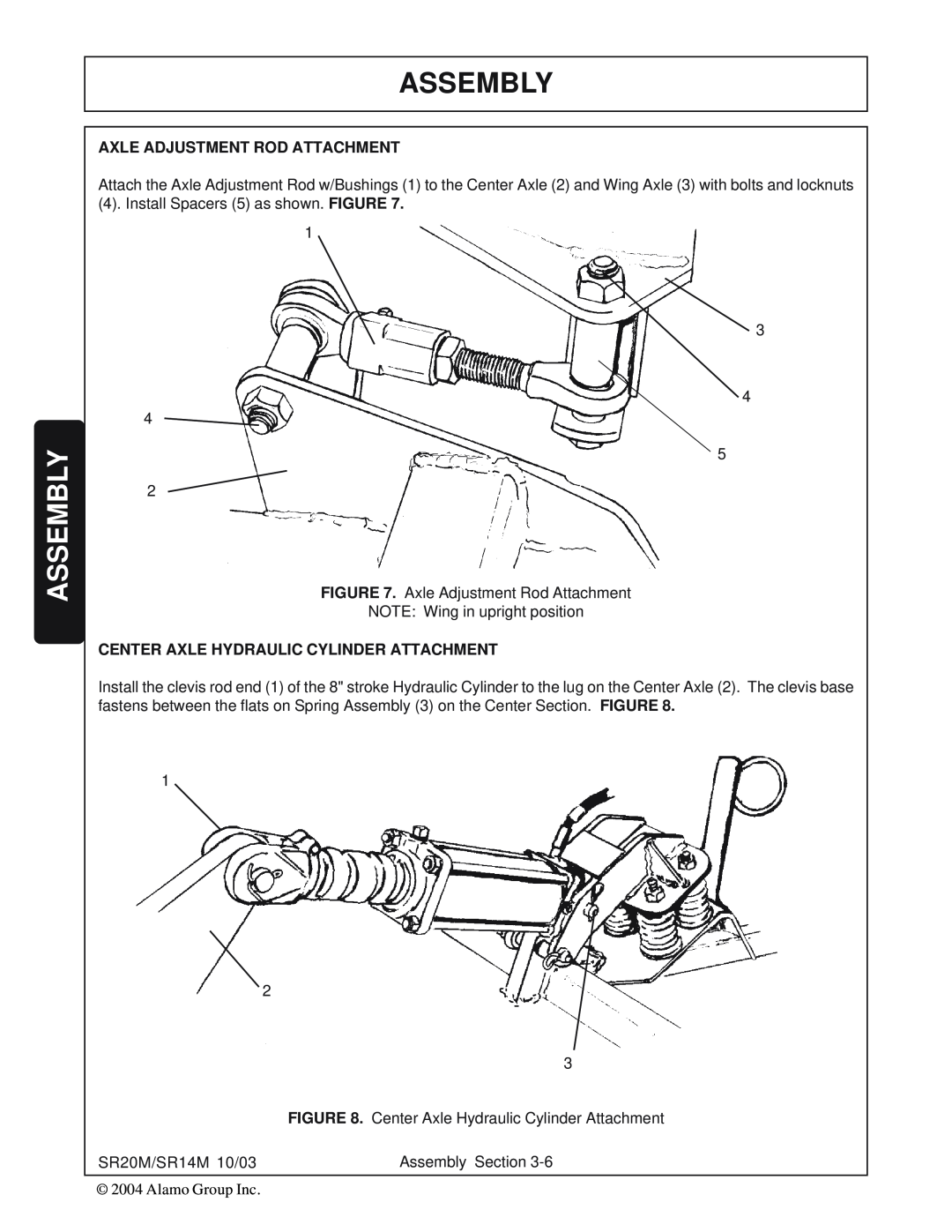 Alamo SR20, SR14 manual Assembly, Axle Adjustment Rod Attachment, Center Axle Hydraulic Cylinder Attachment 