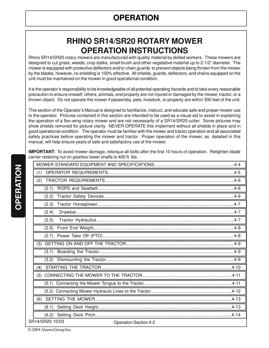 Alamo manual Operation, RHINO SR14/SR20 ROTARY MOWER OPERATION INSTRUCTIONS 