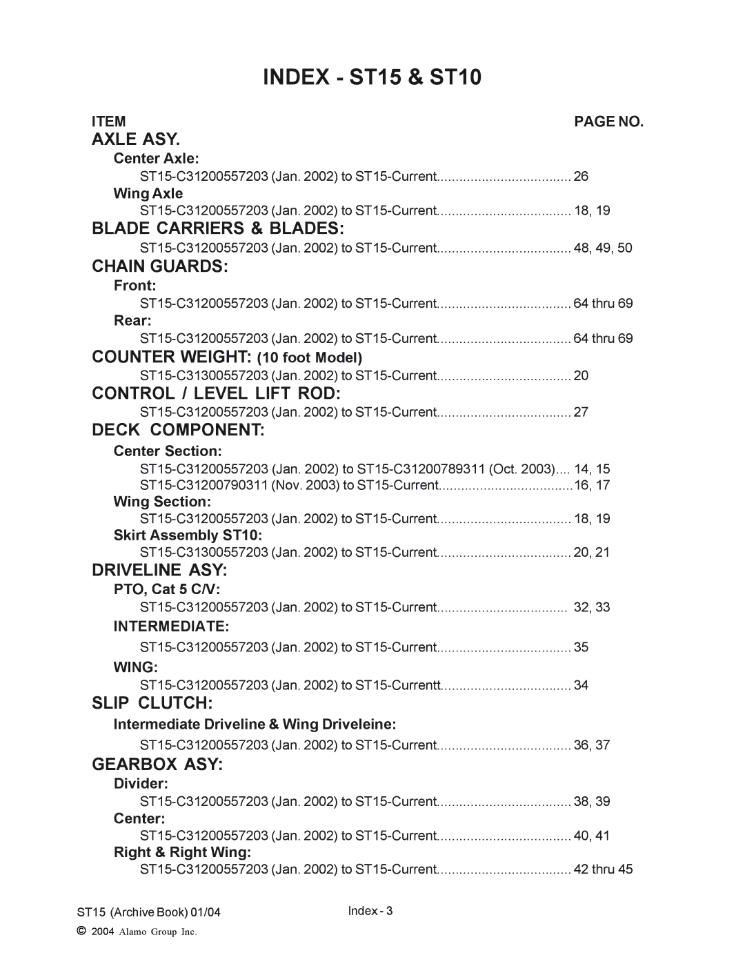 Alamo manual Index ST15 & ST10, Axle ASY 